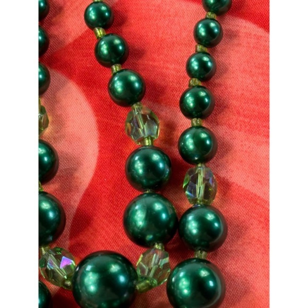 Vintage Japan Emerald Green Faux Pearl Crystal Double Strand Necklace Earrings - Picture 3 of 7